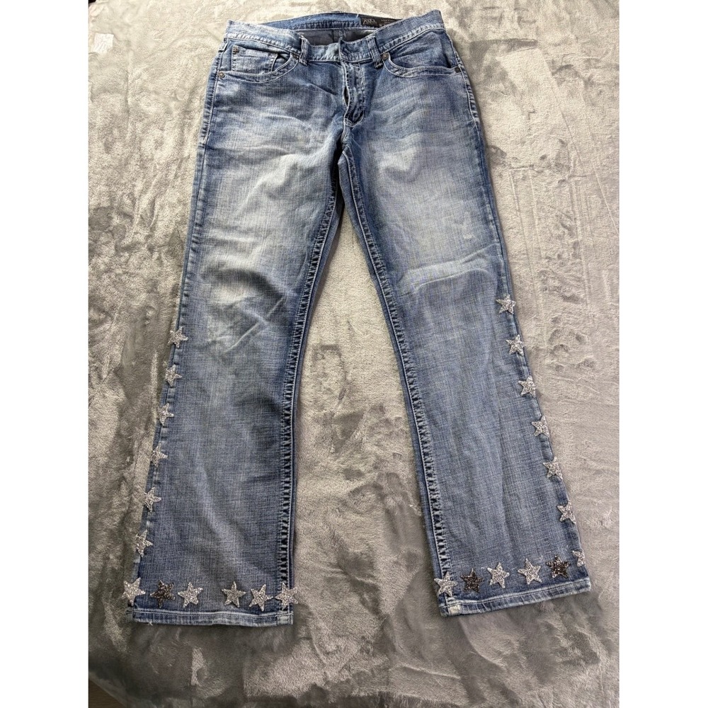 EU 34 T.K. Axel Vintage Boot Men's Jeans 34x34 Blue Rhinestone Star Embellished